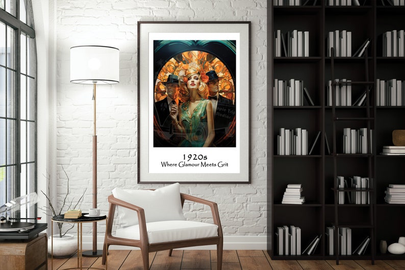 May include: A framed poster featuring a vintage-style illustration of three people in 1920s attire. The poster reads "1920s Where Glamour Meets Grit".