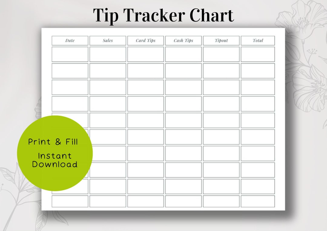 Tip Tracker Chart Printable Fillable and Print and Write, Restaurant Tip Tracker Chart Printable Fillable and Print and Write, Restaurant