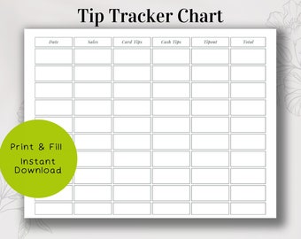 Tip Tracker Chart Printable Fillable and Print and write, restaurant waitress tip tracker, tip calculator, JPG