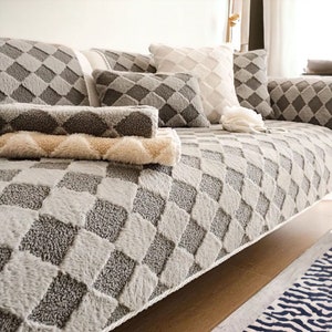 Soft Checkered Thicken Plush Sofa Covers - Geometric Couch Covers, Non Slip Sofa Covers, Anti Slip Couch Covers, Check Couch Covers