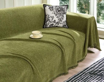 Thick Boho Chenille Sofa Couch Throws - Soft Couch Covers, Sofa Towel Blankets, Premium Boho Sofa Blankets, Green Sofa Cover, Coffee Cover