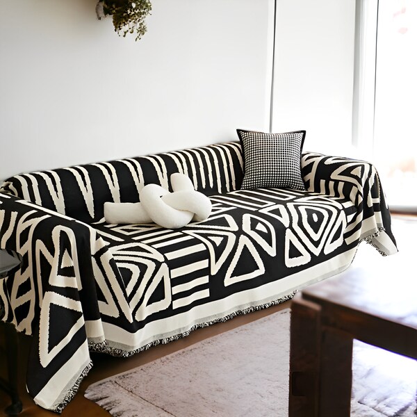 Boho Soft Black & White Chenille Sofa werfen - Wende Sofa Bezug, Boho Sofa Decke, Anti-Katzen-Kratzer Sofa Bezug, Sofa Handtuch Decken