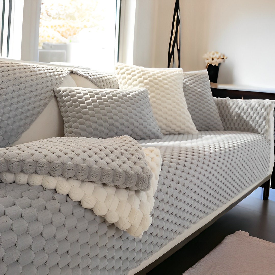 Grey Thick Soft Sofa Cover Throw Fluffy Couch Cover, Winter Sofa Cover, Non Slip Sofa Cover