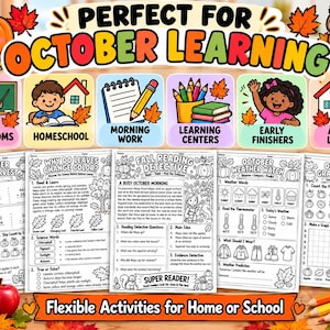 May include: A collection of educational worksheets for October featuring maths, reading, and weather activities. The header reads PERFECT FOR OCTOBER LEARNING and FLEXIBLE ACTIVITIES FOR HOME OR SCHOOL, with colourful illustrations of pumpkins, an owl, and children.