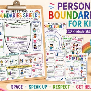 Könnte beinhalten: Ein Set aus druckbaren pädagogischen Arbeitsblättern mit dem Titel Personal Boundaries for Kids, die farbenfrohe Illustrationen und Textaufforderungen zu Sicherheit, persönlichem Raum und respektvoller Kommunikation auf einem Holz-Klemmbrett zeigen.