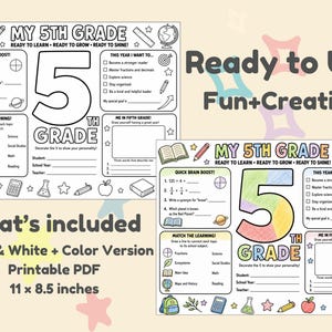 May include: A printable 11 by 8.5 inch My 5th Grade activity sheet featuring sections for math problems, learning goals, and personal goals. The design includes a large number 5, school icons, and text prompts. Available in both black and white and color versions.