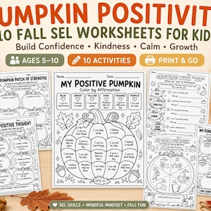Puede incluir: Una colección de diez hojas de trabajo educativas en blanco y negro tituladas Pumpkin Positivity, con ilustraciones otoñales de calabazas, hojas y bellotas. Las páginas incluyen actividades como My Positive Pumpkin, My Calm Pumpkin y Pick a Positive Thought, diseñadas para que los niños practiquen la atención plena y la mentalidad de crecimiento.