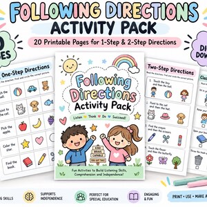 Puede incluir: Un paquete de actividades Following Directions en descarga digital con 20 páginas imprimibles. La portada muestra a un niño y una niña con el texto Listen, Think, Do, Succeed y Kind, Brave, Capable, You Got This. Incluye hojas de trabajo de instrucciones.