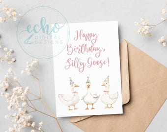 Grattis på födelsedagen-kort Silly Goose, första födelsedagskort för flicka, utskrivbar digital nedladdning