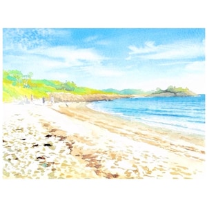 May include: A watercolor painting of a coastal beach scene featuring a sandy shore with scattered seaweed, blue ocean water, and a distant headland under a bright sky. Small figures of people and a dog are visible along the shoreline.