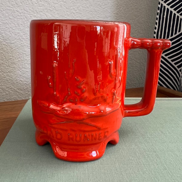 Vintage Frankoma Footed Road Runner C1 Coffee Mug - Flame (red-orange) & Brown - Desert Cactus Motif