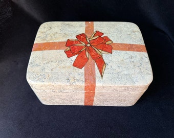 Vintage Tessellated Stone/Brass Box with Red Bow Inlay