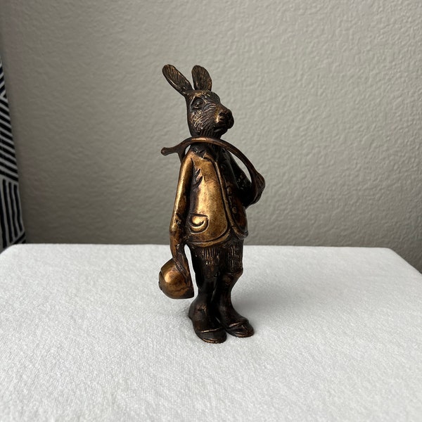 Vintage Bronze Anthropomorphic Sculpture - Rabbit with French Horn Dressed in Hunting Attire - Huntsman Hare Statue