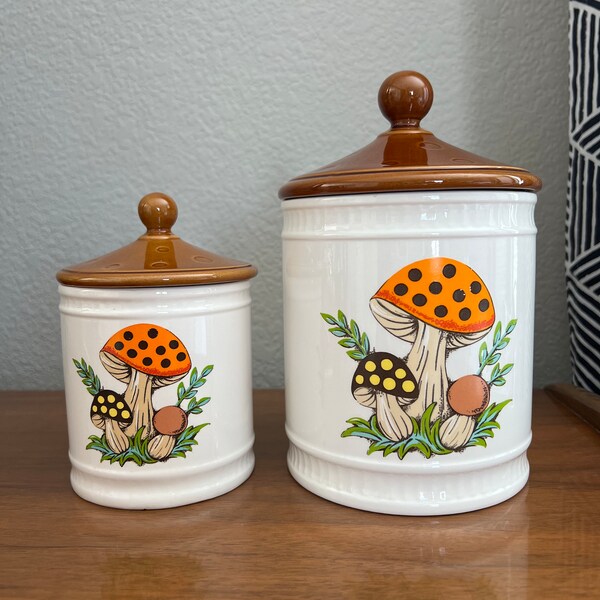 1982 Sear's, Roebuck, and Co. Merry Mushroom Small & Medium Canisters with Lids - Made in Japan - Set of 2