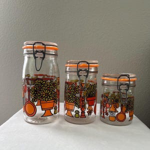 Italian Hermelique Glass Canning Jars/Canisters - Set of 3 - Made in Italy - 1970&#39;s Kitchen Storage