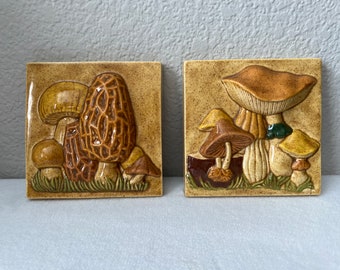 Vintage 1970's 3D Mushroom Tile Wall Hangings