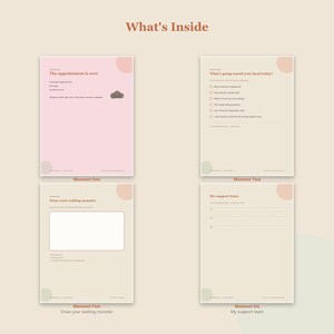 May include: Four digital planner pages titled What's Inside, featuring Moment One with a pink background, Moment Two, Moment Five with a drawing box, and Moment Six. Each page includes text prompts, checkboxes, and lines for writing on a beige background.