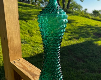 Italian quilted tall green glass decanter / Mid Century Modern / MCM