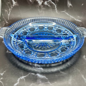 Indiana Glass Blue Windsor Cane and Button pattern Divided dish / Relish Tray / Depression Glass / Jewelry Tray