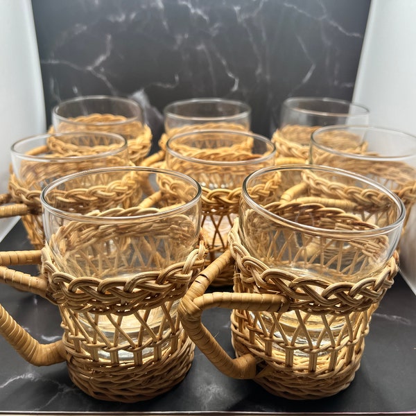 Libbey drinking glasses with wicker holders / rattan / bohemian / boho