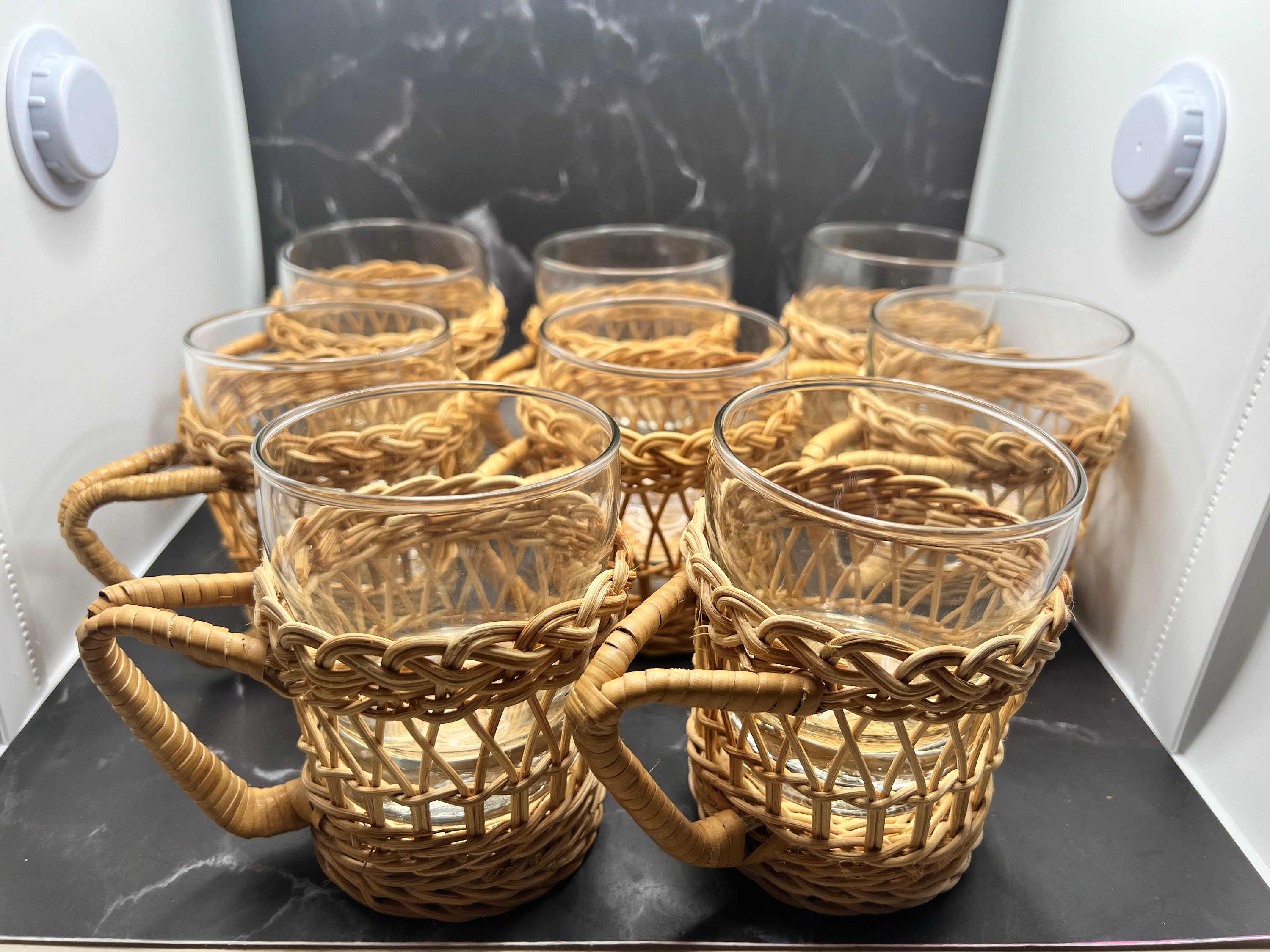 VTG Boho Ratan Wicker Holders W/ Green Drinking Glasses- Set Of 4