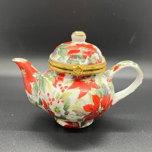 Baum Bros. Hinged Poinsettia ceramic trinket box mini teapot / Formalities by Baum Bros. / collectible / Jewelry Box