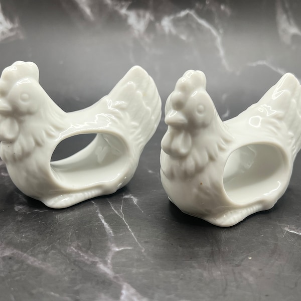 White Ceramic Rooster napkin rings / Made in Japan / set of 2