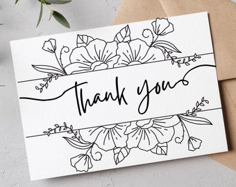 Thank you card, Printable thank you card, digital file,  Printable instant thank you card, Minimalist floral thank you card