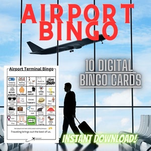 Airport Bingo, 10 cartones de bingo de descarga digital. ¡Aeropuerto, juegos de viaje para que disfruten los amigos! Divertido juego de viajes.
