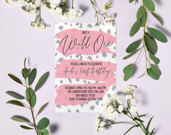 Wild One Girl Birthday Invitation, Spotted, Leopard Print, Instant Download