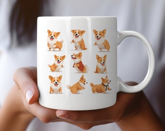 May include: White ceramic mug featuring a colourful illustration of a corgi dog in various poses. The mug has a handle on the right side.