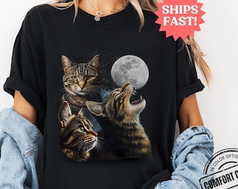 Three Cats Retro Moon Graphic T-shirts, Vintage Cat Moon Meme Tshirt, Cat Lovers, Funny Cat Tee, Oversized Washed Tee, Weird Meme T Shirt