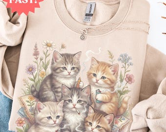 Funny Stoner Kittens Sweatshirt, Whimsical Meadow Cottagecore Graphic Tee