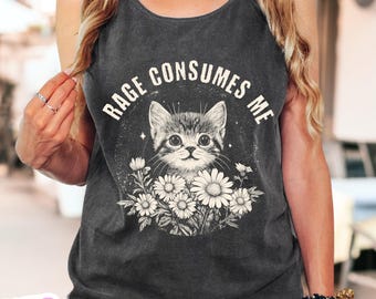 Camiseta de tirantes "Rage Consumes Me" para mujer: meme de gato, gatito sarcástico y divertido, colores cómodos para amantes de los gatos.