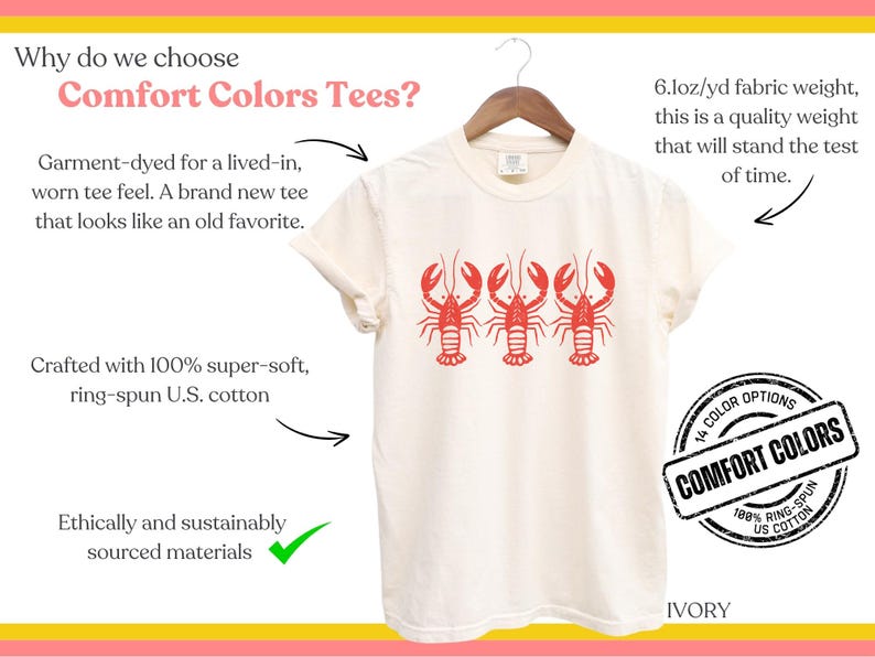 Puede incluir: Una camiseta blanca con un gr&aacute;fico de langosta roja. La camiseta est&aacute; hecha de 100% algod&oacute;n ring-spun de EE. UU. y est&aacute; te&ntilde;ida en prenda para una sensaci&oacute;n de uso. El texto "Comfort Colors" est&aacute; impreso en un sello circular negro en la esquina inferior derecha de la imagen. El texto "IVORY" est&aacute; impreso en negro en la esquina inferior derecha de la imagen.