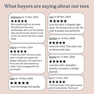 May include: A collage of customer reviews for a t-shirt shop. Each review includes a five-star rating, the reviewer's name, the date of the review, and a short description of the product and the customer's experience. The reviews highlight the quality, fit, and design of the t-shirts.