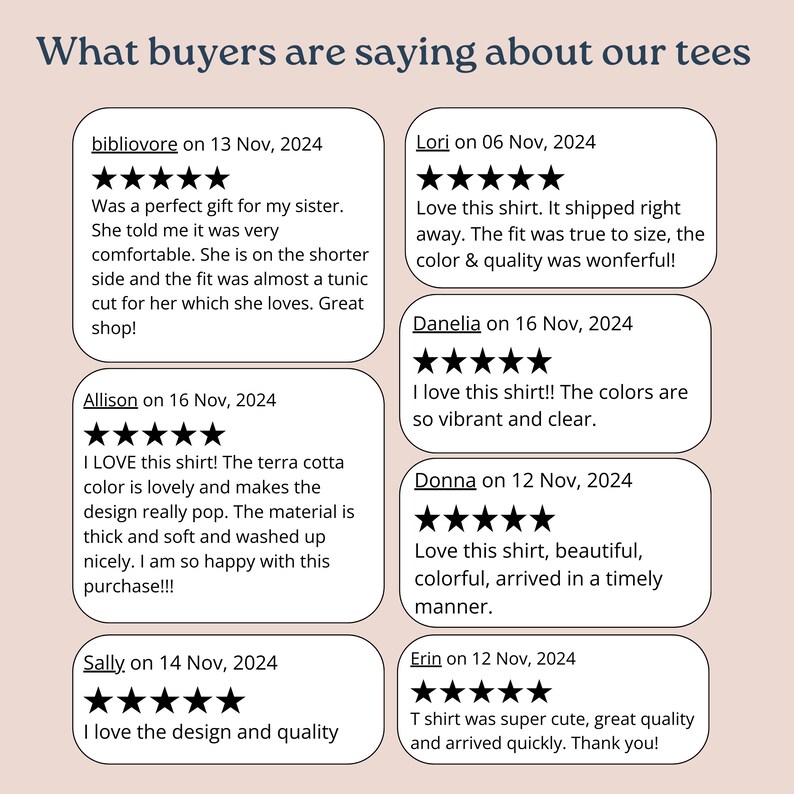 May include: A collage of customer reviews for a t-shirt shop. Each review includes a five-star rating, the reviewer's name, the date of the review, and a short description of the product and the customer's experience. The reviews highlight the quality, fit, and design of the t-shirts.