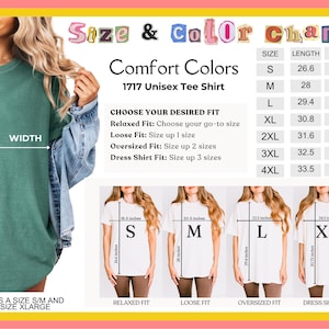 May include: Size chart for a unisex tee shirt in various sizes, from small to 4XL. The chart shows the length and width of each size in inches. The chart also includes a description of the different fits, including relaxed, loose, oversized, and dress shirt fit.
