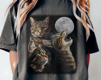 Tabby Cats Retro Moon Tshirt, Three Cats 90s Graphic Tee, Funny Cat Meme TShirt, Celestial Vintage Cat T Shirt, Oversized Comfort Colors