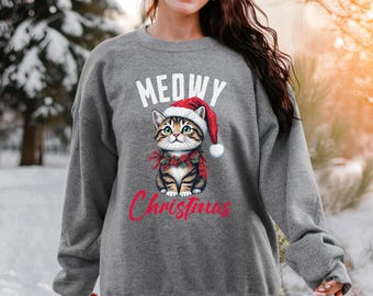 Suéter navideño de cuello redondo para amantes de los gatos, Meowy Christmas, sudadera navideña con gato, sudaderas para amantes de los gatos, sudadera para dueños de gatos