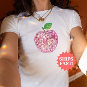 Mirror Ball Baby Tee, 90s Y2k Disco Ball Apple Shirt, Pink Mirror Ball Tee, Disco Top, Gift for Teacher, Teen Girl, Aesthetic Downtown Girl