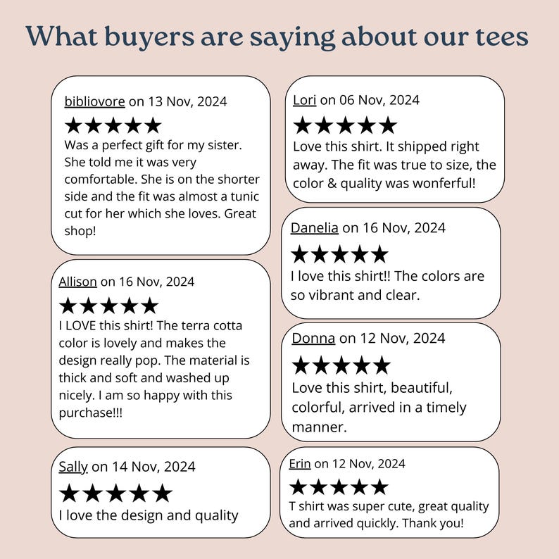Puede incluir: Un collage de rese&ntilde;as de clientes para una tienda de camisetas. Cada rese&ntilde;a incluye una calificaci&oacute;n de cinco estrellas, el nombre del cliente, la fecha de la rese&ntilde;a y una breve descripci&oacute;n del producto y la experiencia del cliente. Las rese&ntilde;as destacan la calidad, el ajuste y el dise&ntilde;o de las camisetas.