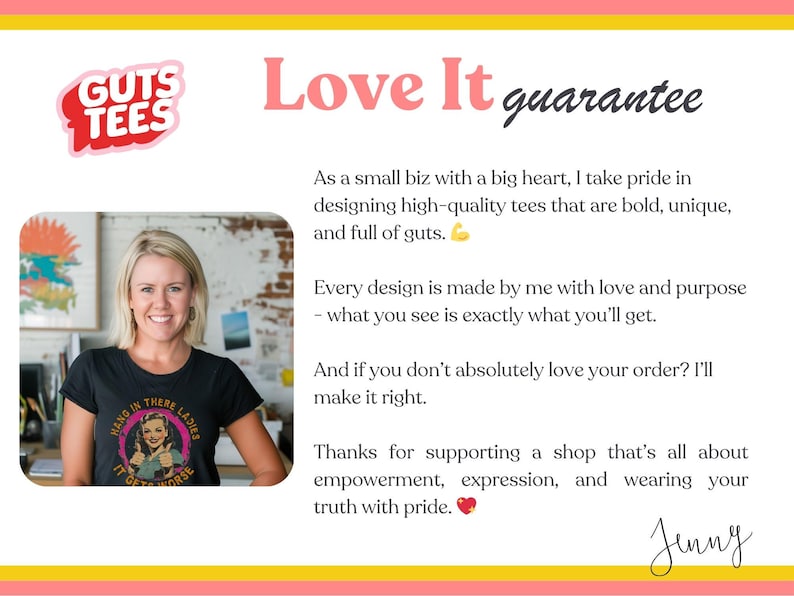 Puede incluir: Una mujer con una camiseta negra con el texto "HANG IN THERE LADIES IT GETS WORSE" y un dise&ntilde;o gr&aacute;fico retro. La imagen incluye el logotipo "GUTS TEES" y texto sobre la garant&iacute;a y los valores de la marca.