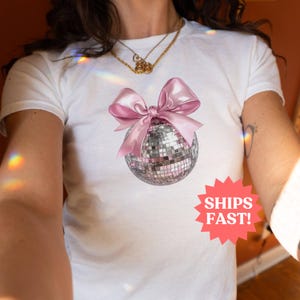 Disco Ball Bow Shirt, Mirror ball Baby Tee, Teen Girl Coquette Gift Pinterest TikTok Aesthetic Downtown Girl 90s Retro Trendy Y2k 2000s