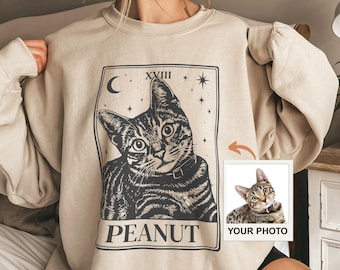 Custom Cat Photo Sweatshirt, Cat Tarot Card Design, Personalized Pet Portrait Shirt, Pet Memorial Gift, Custom Cat Mom Gift for Mothers Day