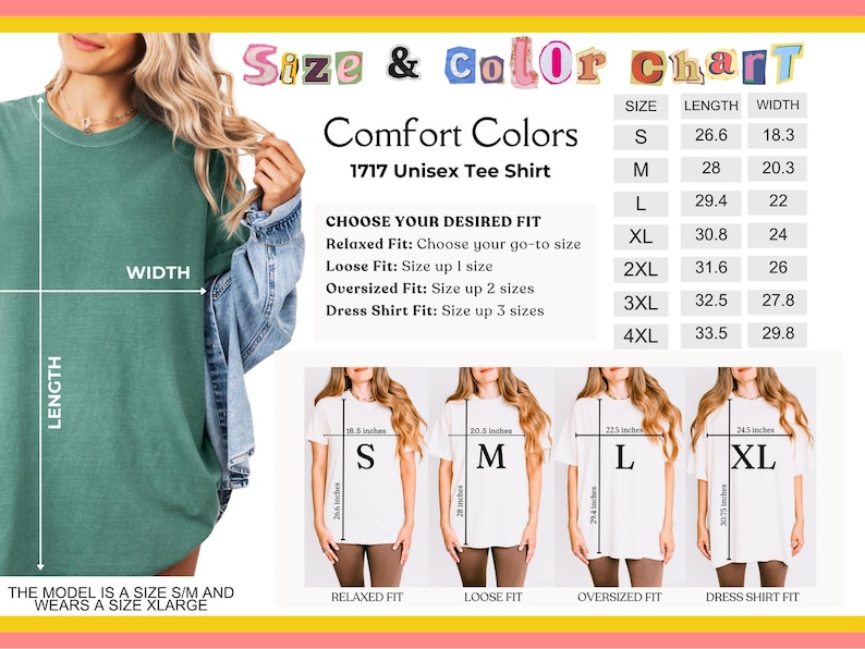 Puede incluir: Tabla de tallas para una camiseta unisex en varios tama&ntilde;os, desde la S hasta la 4XL. La tabla muestra la longitud y el ancho de cada talla en pulgadas. La tabla tambi&eacute;n incluye una descripci&oacute;n de los diferentes ajustes, incluyendo ajuste relajado, ajuste holgado, ajuste holgado y ajuste de camisa.