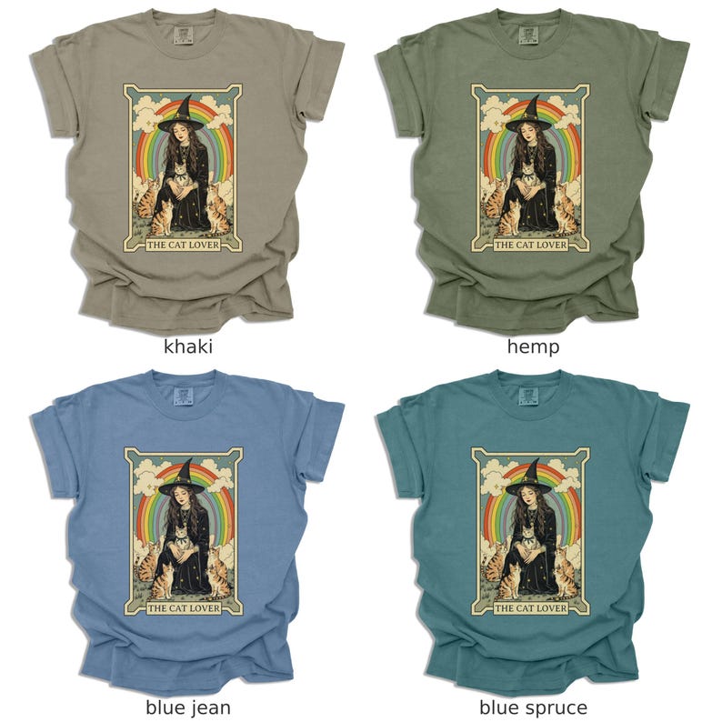 May include: Four different colored t-shirts with a vintage style illustration of a woman in a witch hat surrounded by cats. The text "The Cat Lover" is printed below the image.