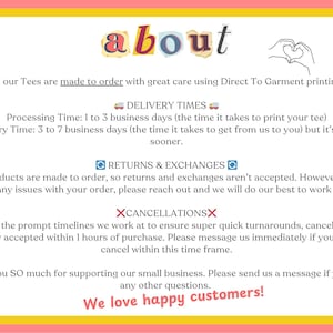 May include: Text graphic with the word "about" in colorful letters.  The text explains the shop's policies regarding delivery times, returns and exchanges, and cancellations.  The text also includes the phrase "We love happy customers!"
