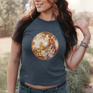 Retro Mirrorball Shirt, Gold Shiny Disco Ball Baby Tee, 90s Y2k Graphic Tee, 00s Style Disco Top