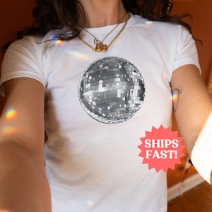 MirrorBall Baby Tee, Mirrorball Shirt, 90s Y2k Disco Ball Crop Top, 90s Mini Tee, Y2k Aesthetic Shirt, Downtown Girl, Gift for Teenager